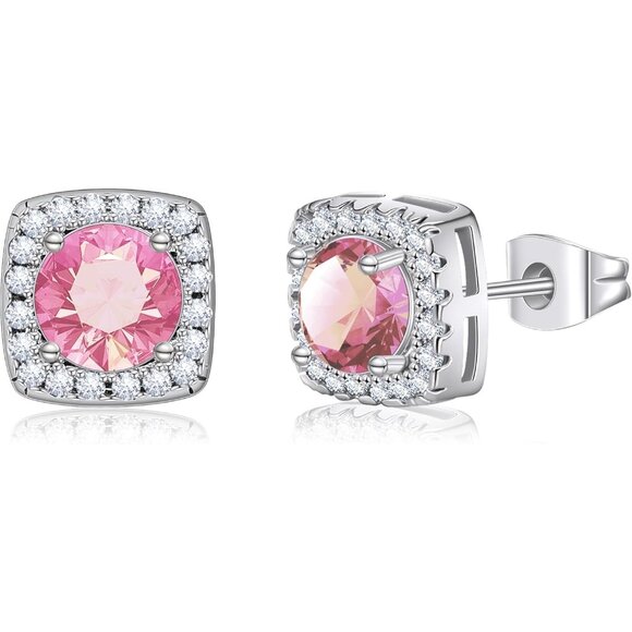 Women's Light Pink Square Simulated Dainty Diamond Halo Sparkling Stud Earring - Picture 2 of 8